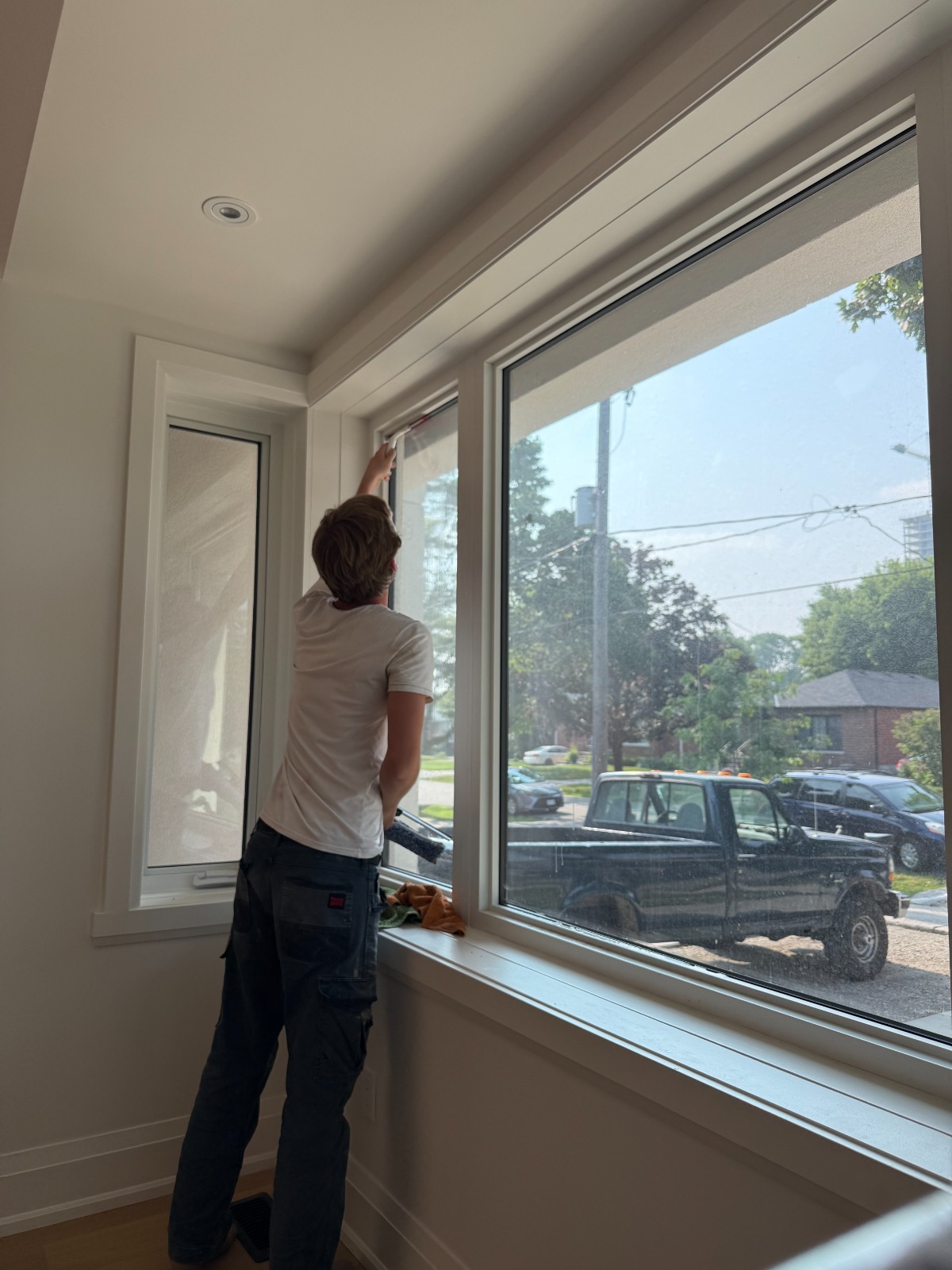 Interior window cleaning in progress